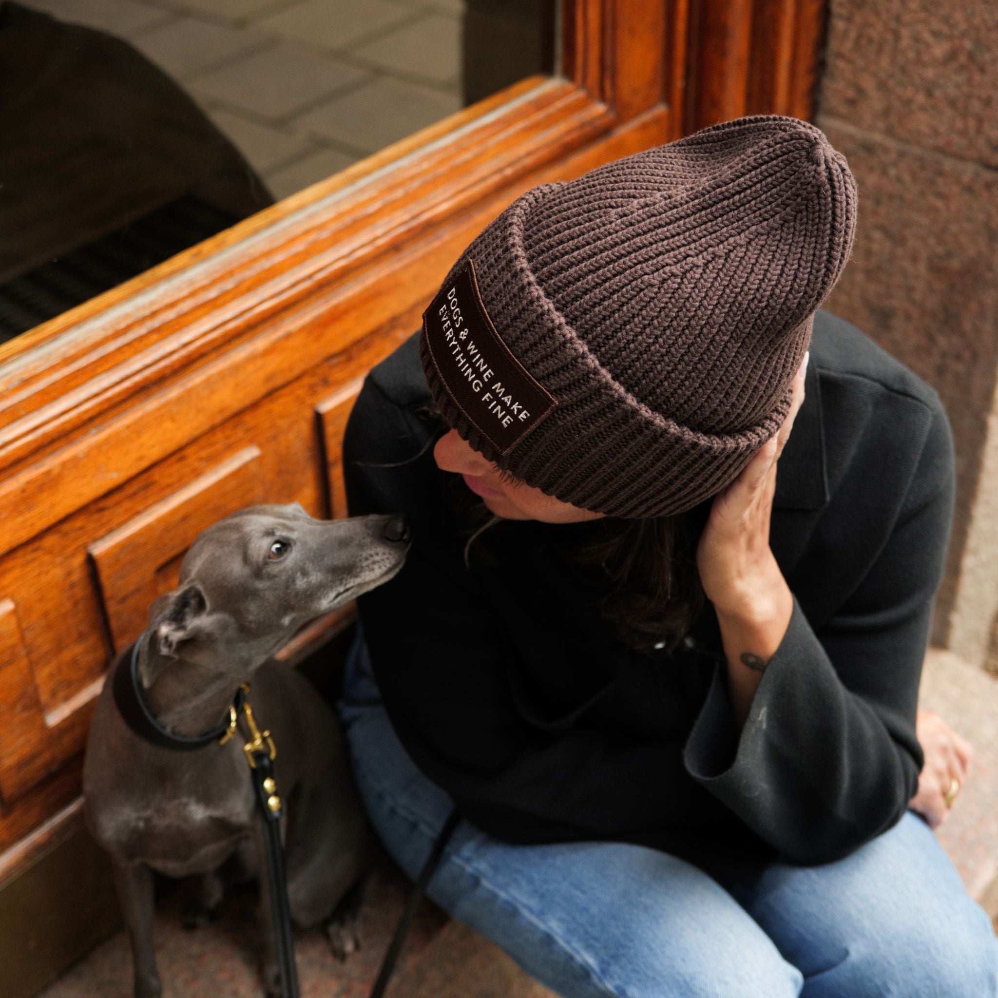 Dark Brown Wool Beanie - Dogs & Wine Make Everything Fine