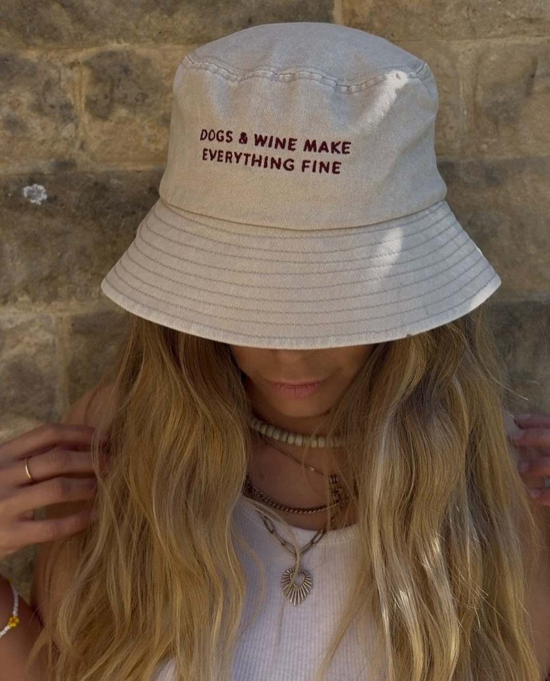 Beige Jeans Bucket Hat - Dogs & Wine Make Everything Fine