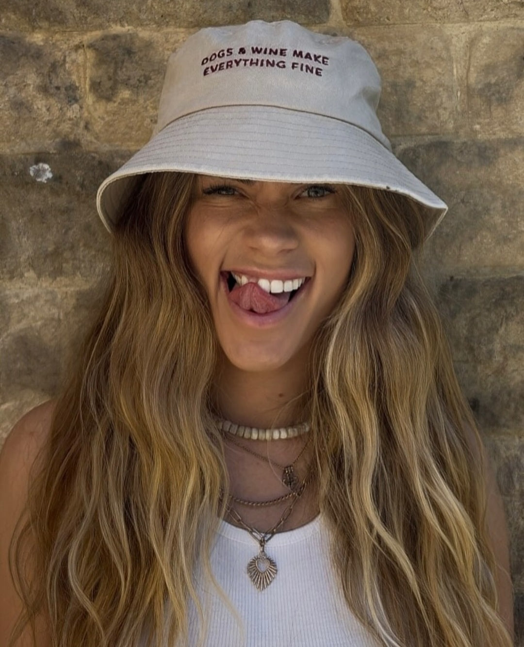 Beige Jeans Bucket Hat - Dogs & Wine Make Everything Fine